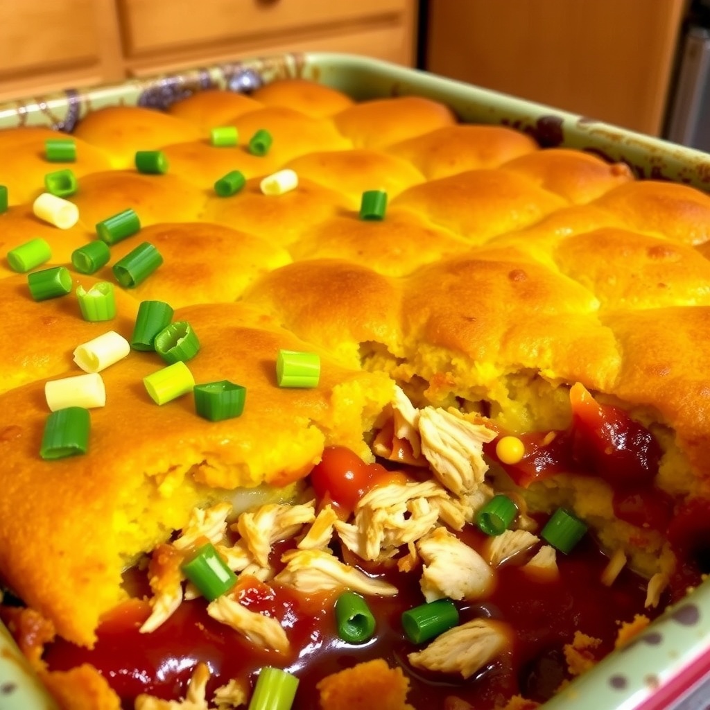 BBQ chicken cornbread casserole with golden cornbread topping and BBQ chicken, garnished with green onions.